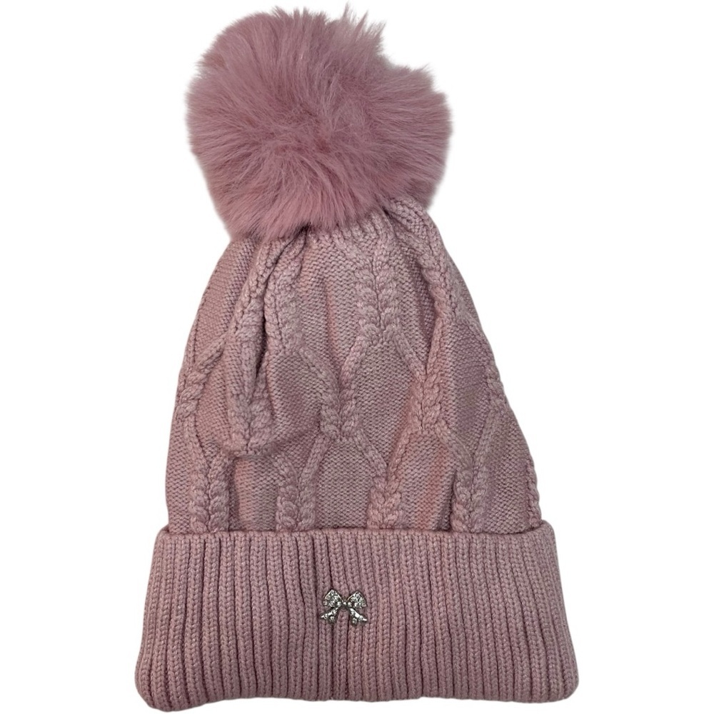 Cable Knit Pom Pom Beanie Hat Pink